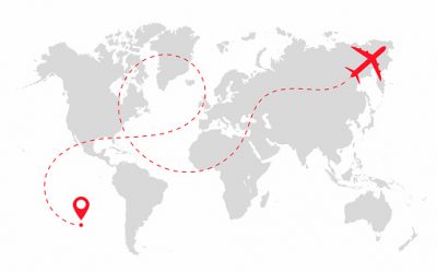 Airplane path in dotted line shape on world map. Route of plane with world map isolated on white background. Vector